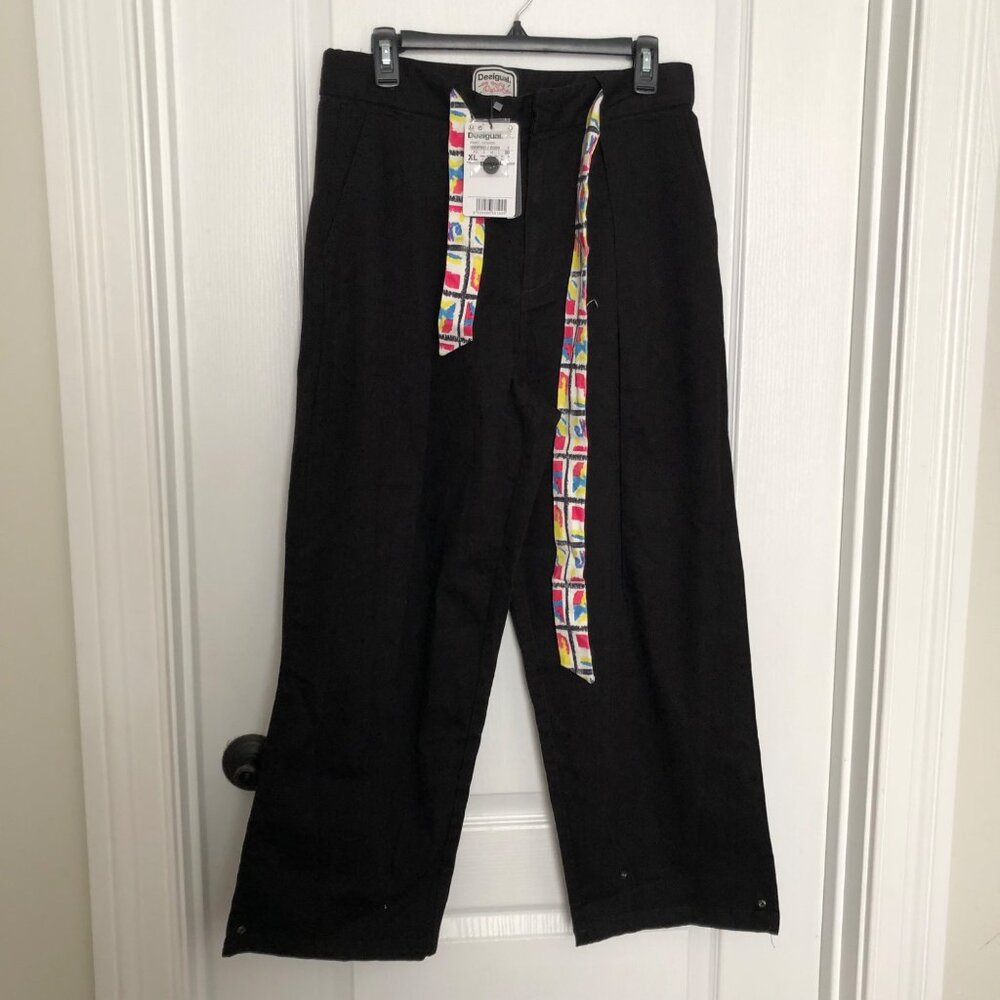 Desigual Pant Venier Black Wide Leg Cropped Trousers Size Large Patterned Belt